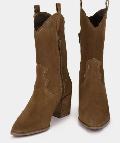 Chaussure Pedro Miralles Bottes Mi-Mollet En Croute De Cuir Marron Avec Une Tige En Cuir Marron Velour Tabaco