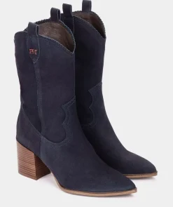 Chaussure Pedro Miralles Bottes Mi-Mollet En Croute De Cuir De Couleur Bleu Marine Velour Navy