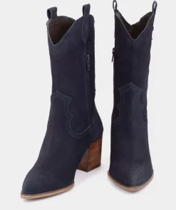 Chaussure Pedro Miralles Bottes Mi-Mollet En Croute De Cuir De Couleur Bleu Marine Velour Navy