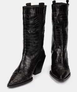 Chaussure Pedro Miralles Bottes Mi-Mollet En Cuir Gaufre Noir Coco Negro