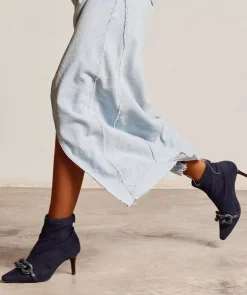 Chaussure Pedro Miralles Bottines A Talon Et Bout Pointu, En Tissu Elastique A Effet Daim De Couleur Marine. Ante Strech Marino