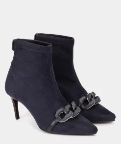 Chaussure Pedro Miralles Bottines A Talon Et Bout Pointu, En Tissu Elastique A Effet Daim De Couleur Marine. Ante Strech Marino
