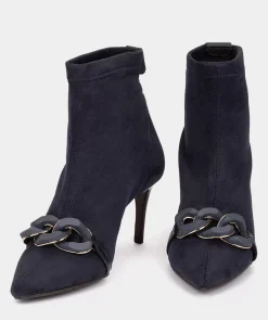 Chaussure Pedro Miralles Bottines A Talon Et Bout Pointu, En Tissu Elastique A Effet Daim De Couleur Marine. Ante Strech Marino
