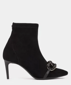 Chaussure Pedro Miralles Bottines A Talon Et Bout Pointu, En Tissu Elastique Effet Daim De Couleur Noire. Ante Strech Negro