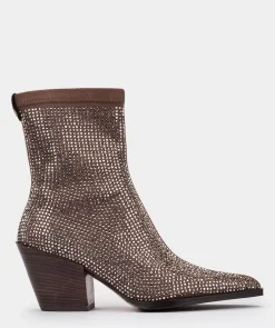 Chaussure Pedro Miralles Bottines En Tissu Marron Avec Strass Ante Strech Taupe