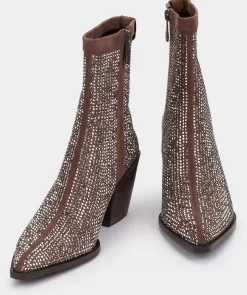 Chaussure Pedro Miralles Bottines En Tissu Marron Avec Strass Ante Strech Taupe