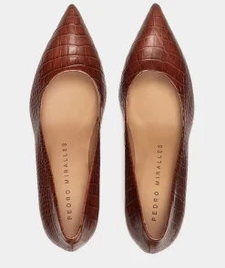 Chaussure Pedro Miralles Chaussures A Talons Hauts A Bout Pointu En Cuir Marron Embosse Coco Whisky