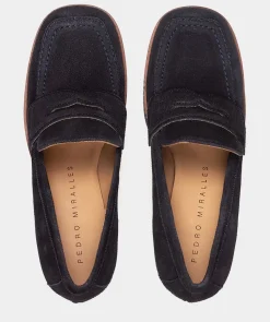 Chaussure Pedro Miralles Mocassins En Croute De Cuir Bleu Marine Velour Navy