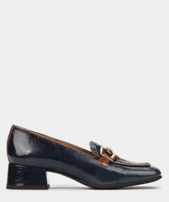 Chaussure Pedro Miralles Mocassins En Cuir Verni Bleu Marine Avec Ornements Dorees Venice Petroleo Venice Polisandro