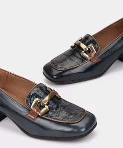 Chaussure Pedro Miralles Mocassins En Cuir Verni Bleu Marine Avec Ornements Dorees Venice Petroleo Venice Polisandro