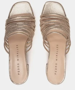 Chaussure Pedro Miralles Sandales A Talon En Cuir Metallise Dore Serpiente Metal Platino