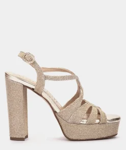 Chaussure Pedro Miralles Sandales A Talon Plateforme En Tissu Brillant Platine Nadia Platino