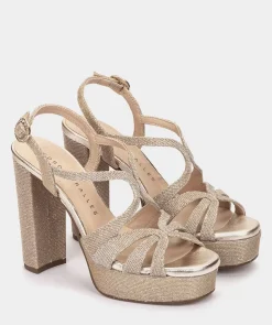 Chaussure Pedro Miralles Sandales A Talon Plateforme En Tissu Brillant Platine Nadia Platino