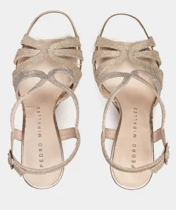 Chaussure Pedro Miralles Sandales A Talon Plateforme En Tissu Brillant Platine Nadia Platino
