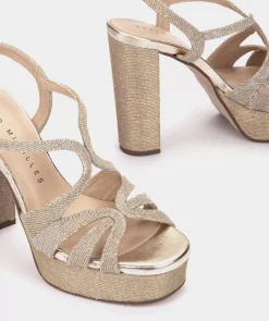 Chaussure Pedro Miralles Sandales A Talon Plateforme En Tissu Brillant Platine Nadia Platino