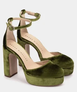 Chaussure Pedro Miralles Sandales A Talons Avec Plateforme En Velours De Couleur Verte Velvet Musgo