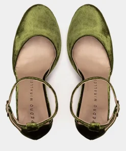 Chaussure Pedro Miralles Sandales A Talons Avec Plateforme En Velours De Couleur Verte Velvet Musgo