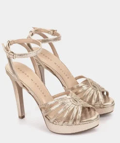 Chaussure Pedro Miralles Sandales A Talons Avec Plateforme En Cuir Gaufre Metallique De Couleur Platine Serpiente Metal Platino