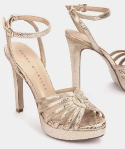 Chaussure Pedro Miralles Sandales A Talons Avec Plateforme En Cuir Gaufre Metallique De Couleur Platine Serpiente Metal Platino