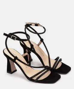 Chaussure Pedro Miralles Sandales A Talons En Cuir Noir Ornees De Cristaux Gliter Negro