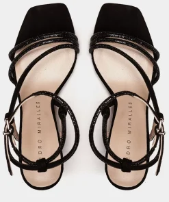 Chaussure Pedro Miralles Sandales A Talons En Cuir Noir Ornees De Cristaux Gliter Negro