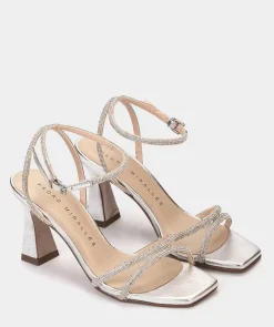 Chaussure Pedro Miralles Sandales A Talons En Cuir Avec Ornements En Cristal De Couleur Argentee Gliter Plata