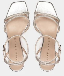 Chaussure Pedro Miralles Sandales A Talons En Cuir Avec Ornements En Cristal De Couleur Argentee Gliter Plata