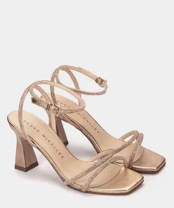 Chaussure Pedro Miralles Sandales A Talons En Cuir Avec Ornements En Cristaux De Couleur Or Rose Gliter Oro Rosa