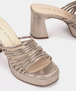 Chaussure Pedro Miralles Sandales A Talons Plateforme En Cuir Metallise Fume Serpiente Metal Humo